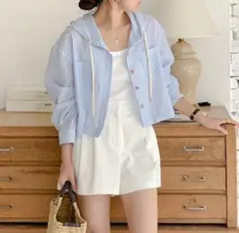 여성 블루 스트라이프 후드 점퍼 캐주얼 루키 숏 자켓 [항공특배] 웨일쓰