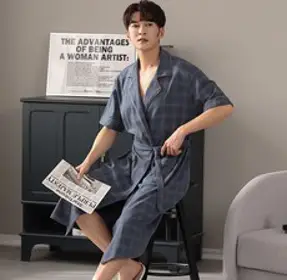 ANYOU 남자 가정용 순면 샤워가운 소프트 격자무늬 목욕가운
