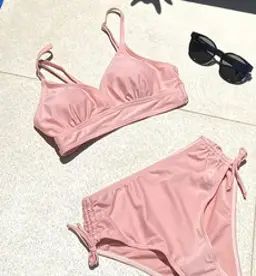 SUPER CREW 몸매보정 하이웨이스트 글램 비키니 수영복, 핑크