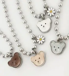 [무료배송][무료각인] 크리스탈 베어 미아방지 목걸이 팔찌 세트 가능 써지컬스틸, 볼체인 엄마용, 탄생석6월