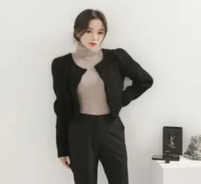 오오엘 여성용 도톰 골지 라운드넥 스퀘어 퍼프 가디건