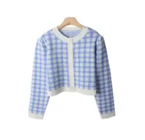 시크블랙 여성용 러블루 체크 퍼프 니트 가디건 CD1790K1C