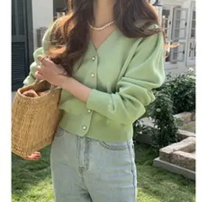 민스타일 퍼프소매 크롭 니트가디건 진주단추