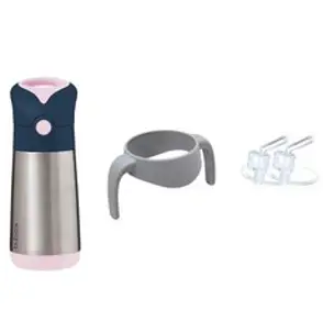 비박스 스텐 원터치 빨대컵 350ml + 리필세트 2p + 전용핸들, 인디고로즈(빨대컵), 그레이(전용핸들), 1세트