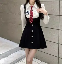 ANYOU 아메리칸 아카데미 풍격 숏 원피스 허리춤을 여미다 셔츠 칼라 섹시 원피스