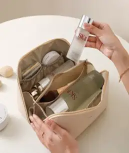 고퀄리티 다양한 포켓 빅사이즈 화장품 가죽파우치, 아이보리, 1개